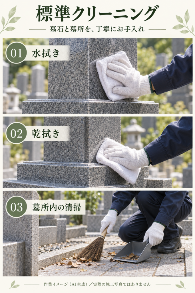 墓石の水拭き・乾拭きと墓所内清掃の作業イメージ（AI生成）