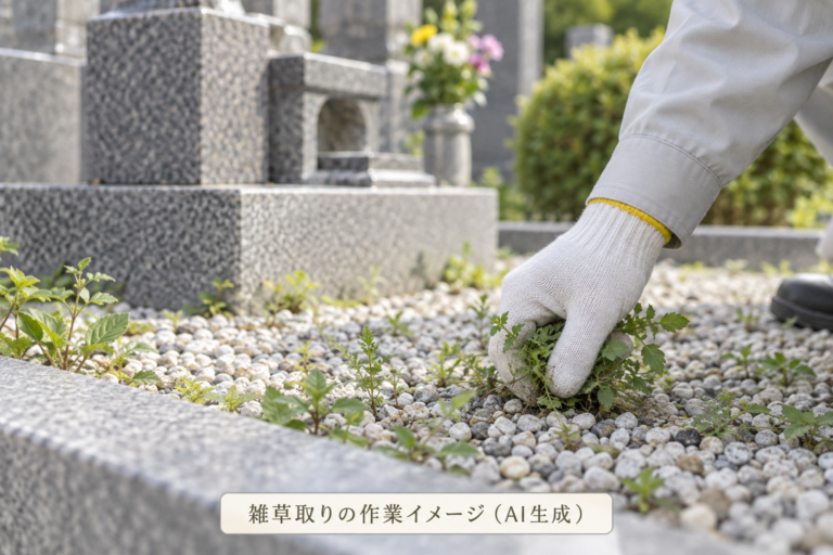 手袋を着けた手で墓所内の雑草を抜く作業イメージ（AI生成）